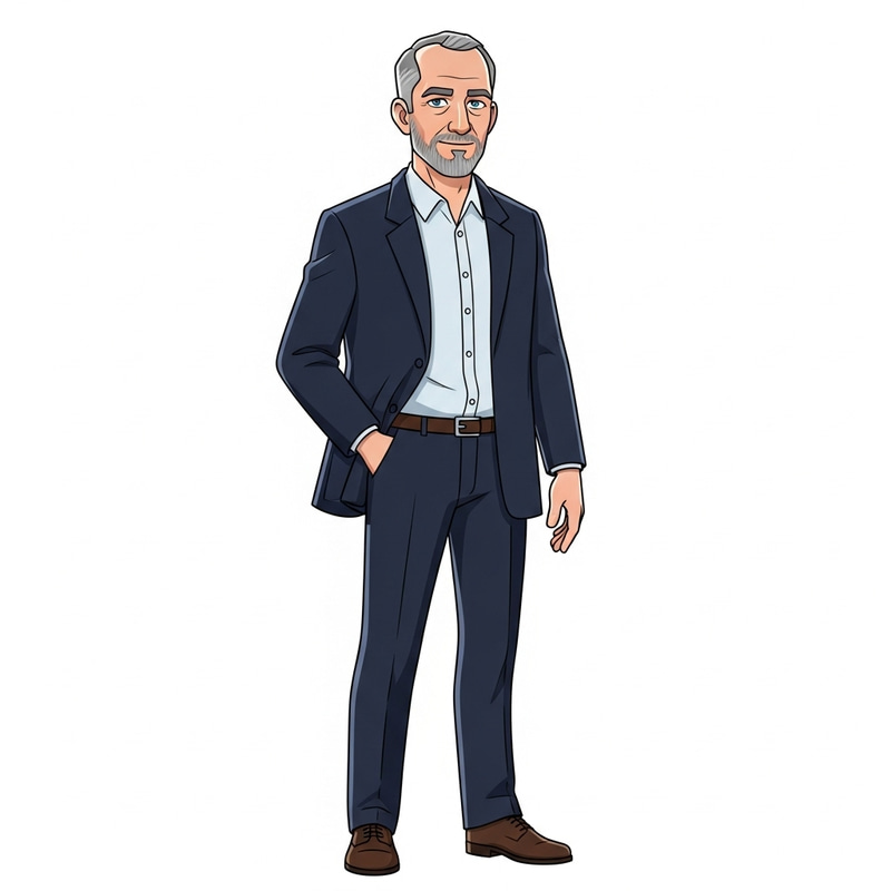 Distinct Caucasion Male, 55 - Calvity, Pepper-Salt Hair, Circular Beard - Walt Disney Style Distinct Caucasion Male, 55 - Calvity, Pepper-Salt Hair, Circular Beard - Walt Disney Style