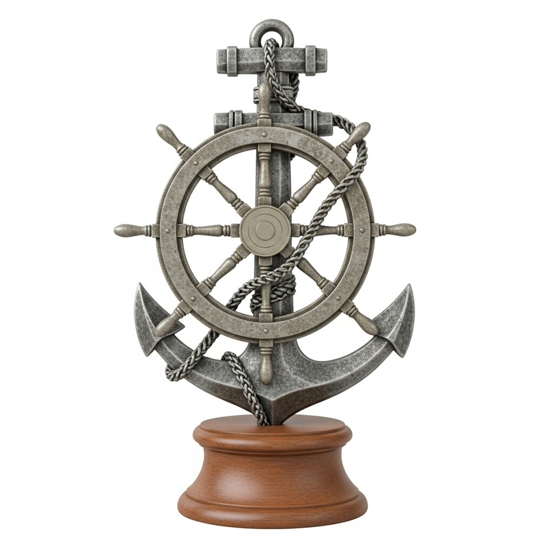 Elegant Trophy with Ship's Anchor and Nautical Wheel Detail Elegant Trophy with Ship's Anchor and Nautical Wheel Detail