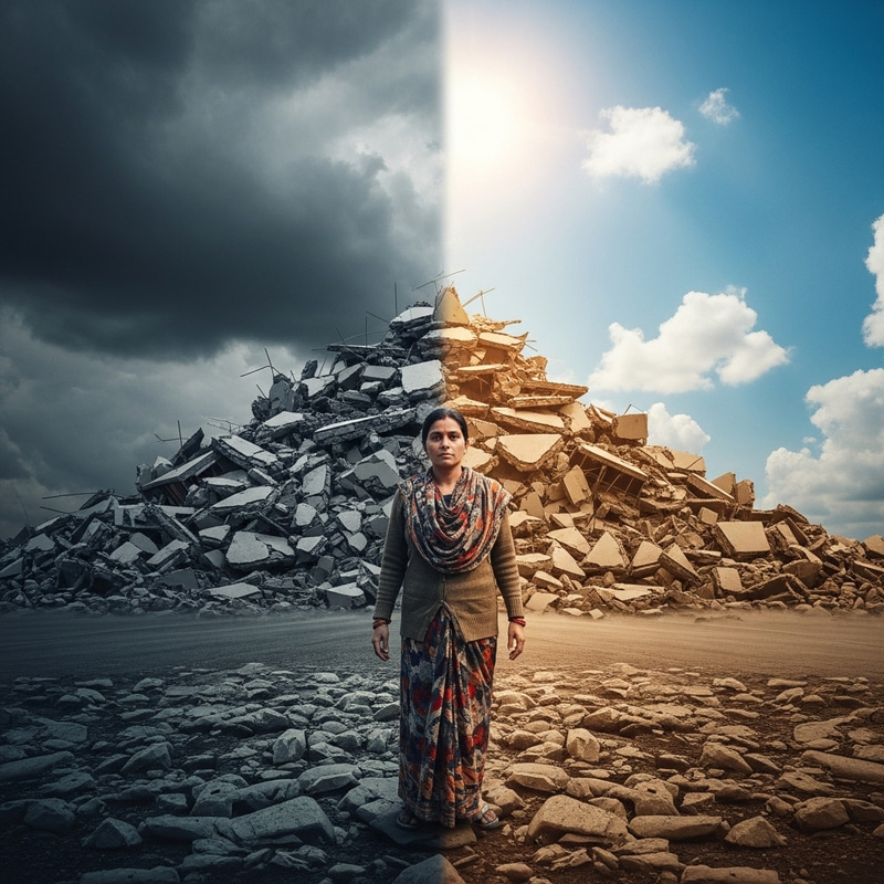 Powerful Earthquake Moment with Resilient South Asian Woman