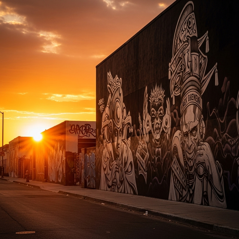Stunning Urban Sunset: Graffiti Wall in Evening Light Stunning Urban Sunset: Graffiti Wall in Evening Light
