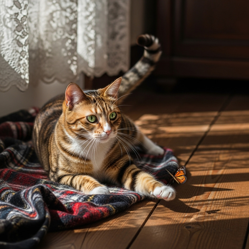 Adorable Cat with Stunning Green Eyes on Soft Blanket Adorable Cat with Stunning Green Eyes on Soft Blanket