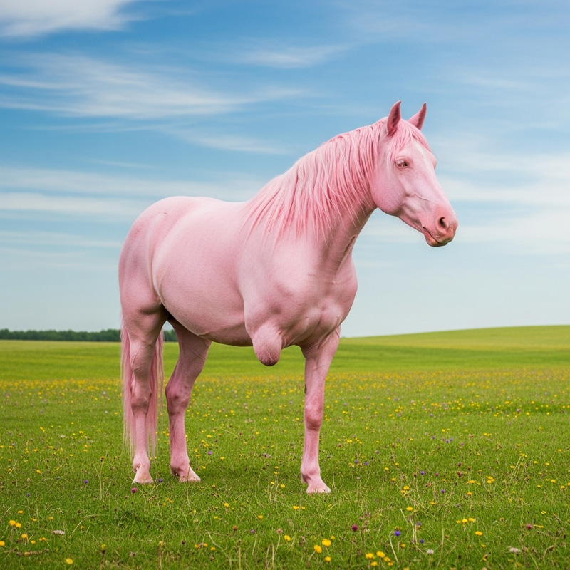 Rare Two-Legged Pink Horse Grazing in Green Fields Rare Two-Legged Pink Horse Grazing in Green Fields