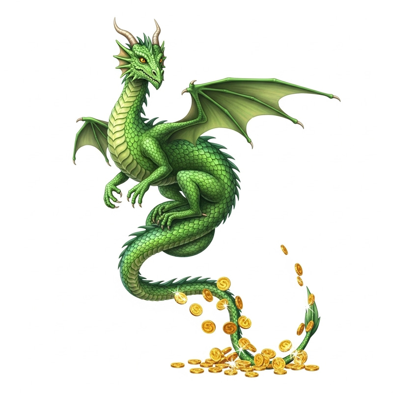 Green Dragon with Long Tail and Coins on White Background