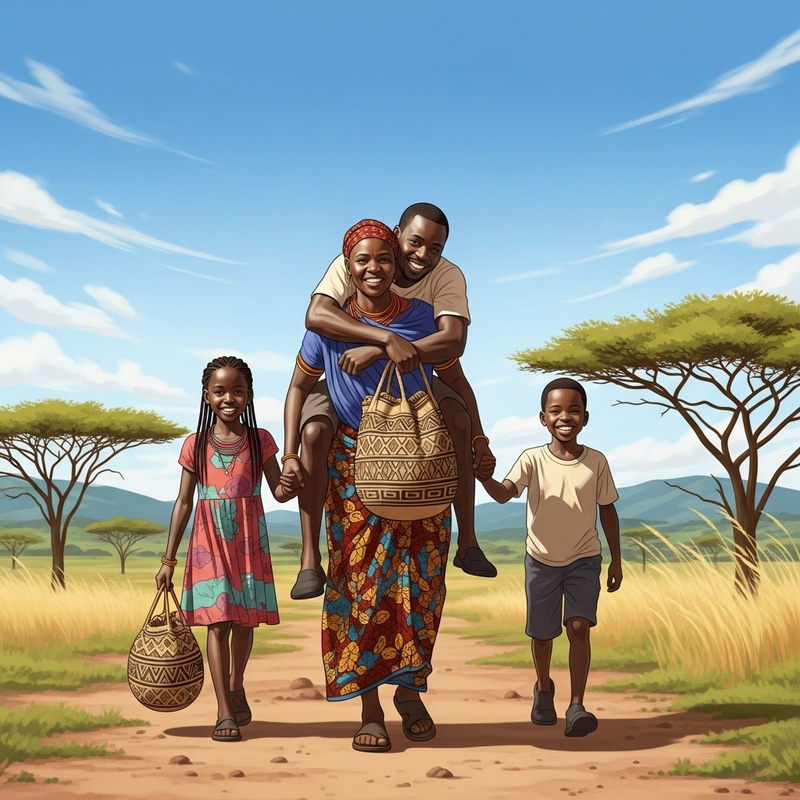African Woman Carrying Husband, Children, and Bag in Vibrant Scene African Woman Carrying Husband, Children, and Bag in Vibrant Scene