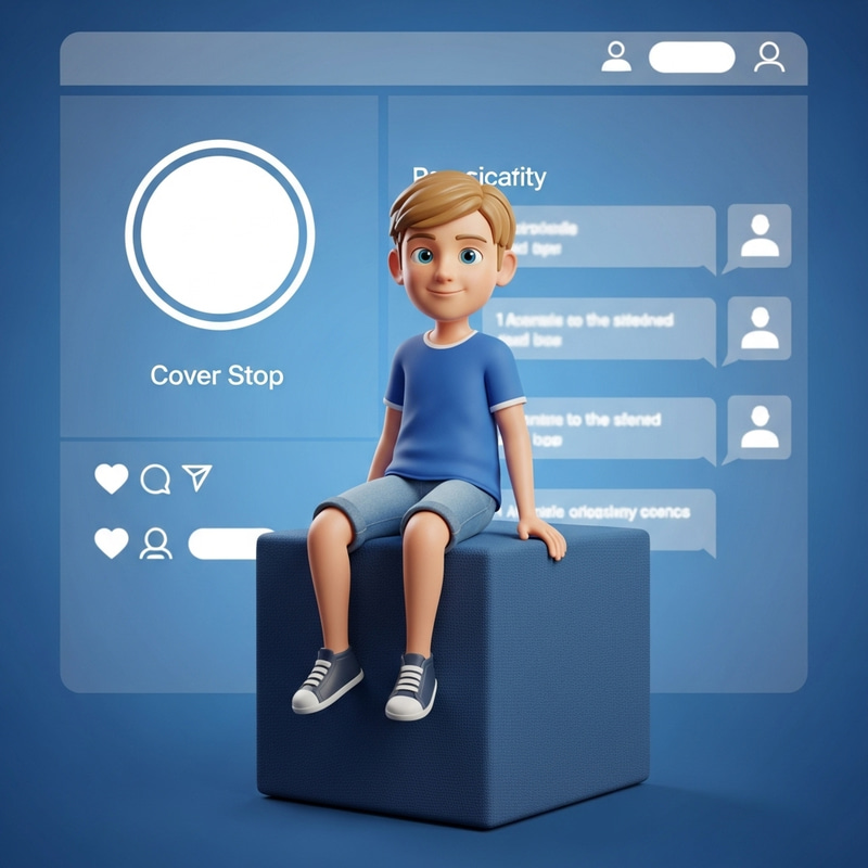 Cute 3D Boy Sitting on Box with Facebook Profile in Background Cute 3D Boy Sitting on Box with Facebook Profile in Background
