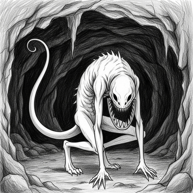 Mysterious Monochromatic Creature in a Cave with Bear Trap Mouth