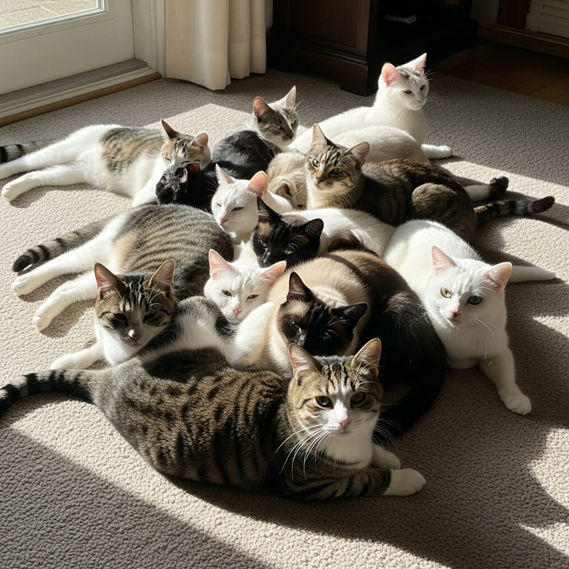 Playful Cat Group on Cozy Carpet | Diverse Feline Pack Playful Cat Group on Cozy Carpet | Diverse Feline Pack