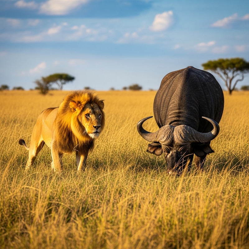 Lion Preying on Wild Buffalo in Grasslands Lion Preying on Wild Buffalo in Grasslands