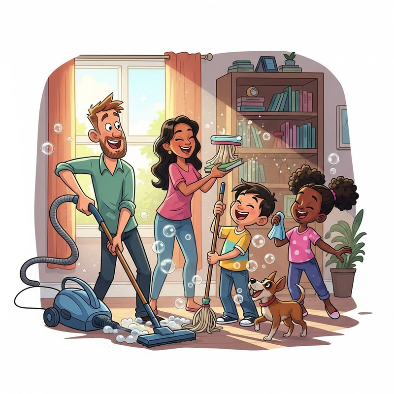 Vibrant Family Cleaning Scene with Joy & Enthusiasm