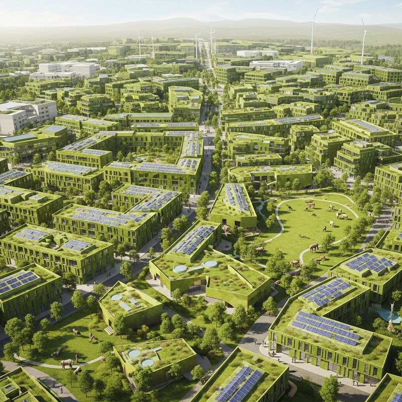 Sustainable Town Design: Vegetation Buildings, Solar Panels & Green Parks