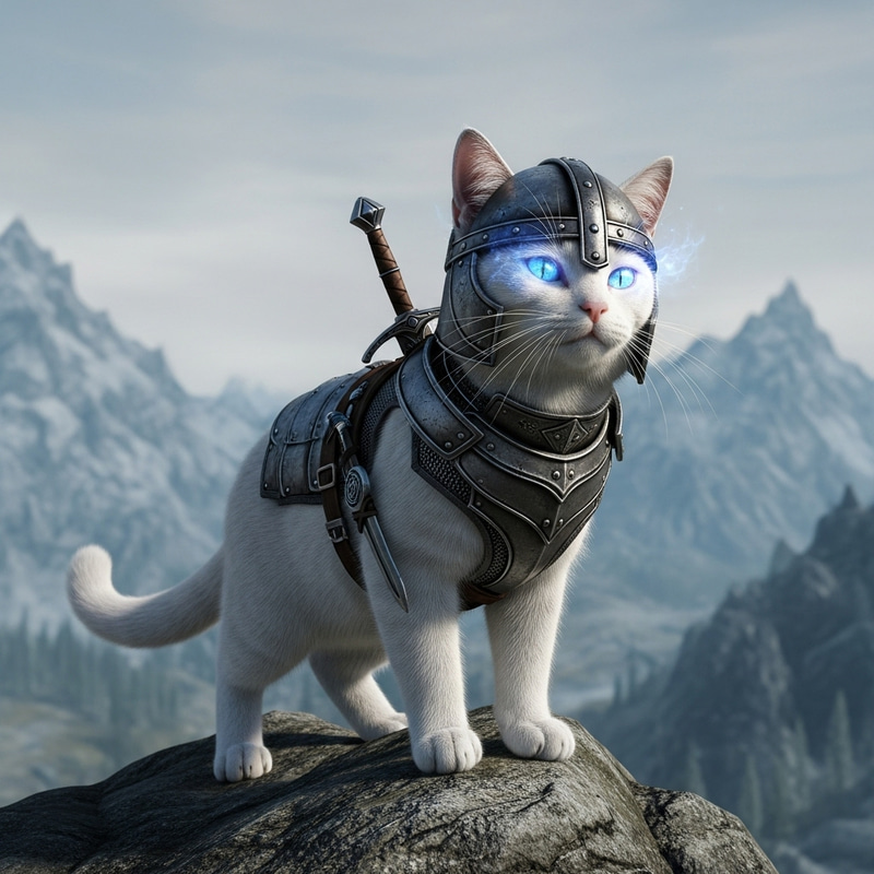 Skyrim Cat: Feline Warrior in Snowy Fur Skyrim Cat: Feline Warrior in Snowy Fur