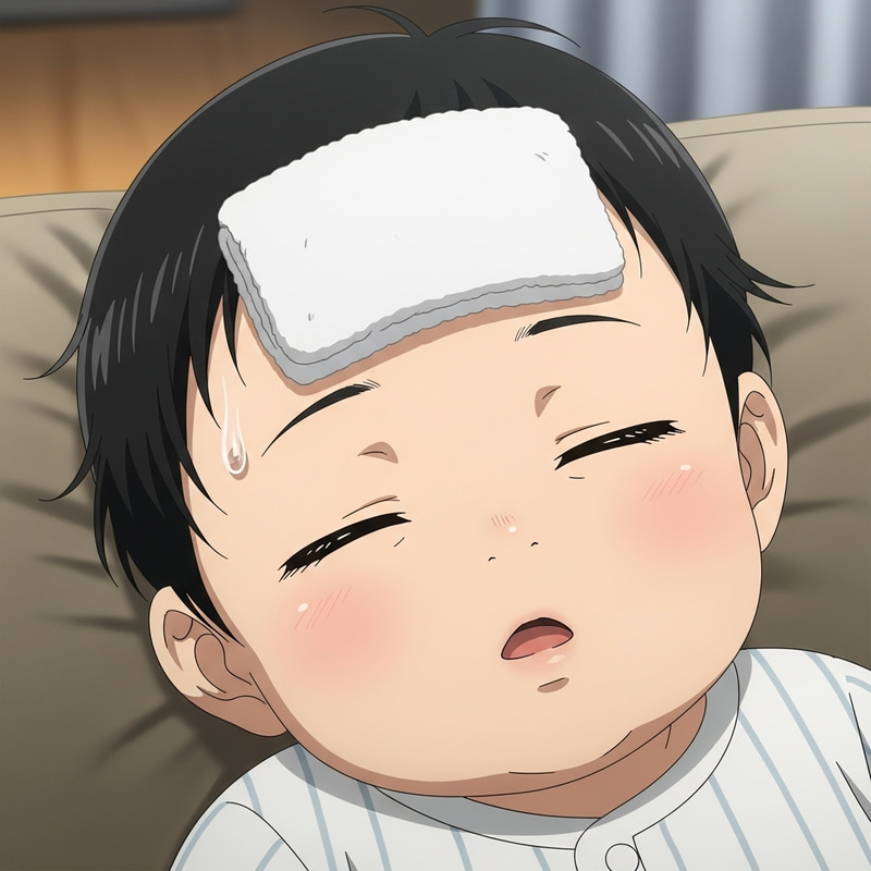 Sick Black-Haired Anime Baby | Resting Cold Cloth Sick Black-Haired Anime Baby | Resting Cold Cloth