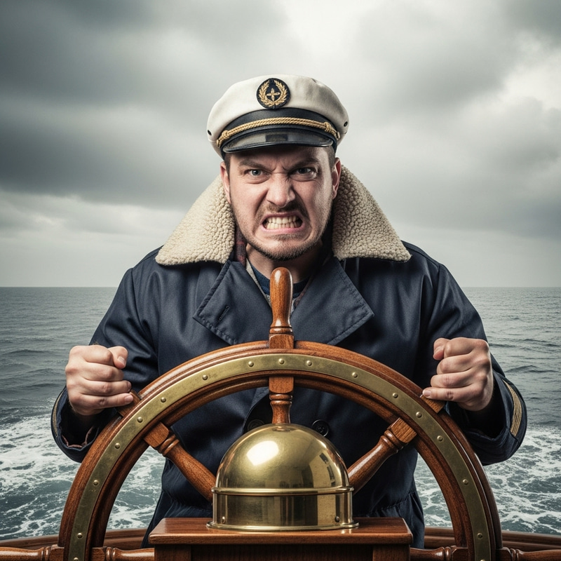 Aggressive Seafarer Steering Ship in Stormy Seas Aggressive Seafarer Steering Ship in Stormy Seas