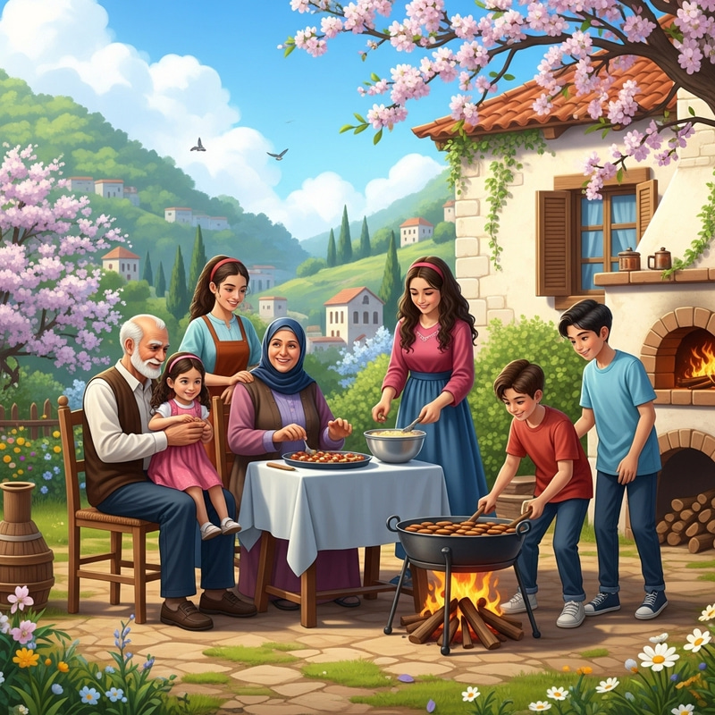Joyful Levantine Family Celebrating New Year with Homemade Desserts