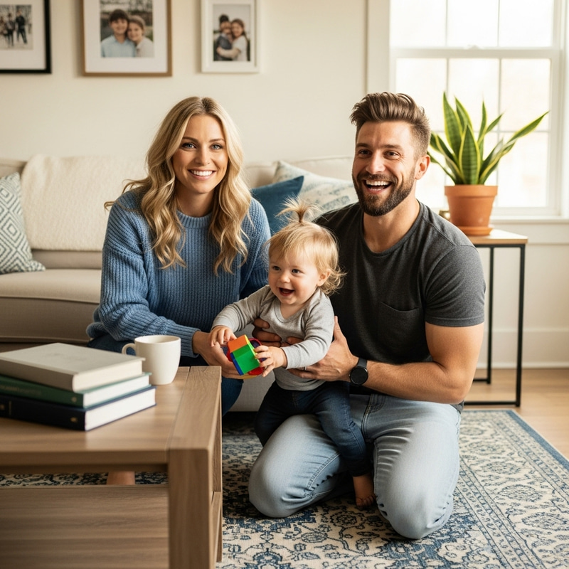 Family in Living Room: Blonde Mother, Athletic Father, Playful Toddler, Blue Eyes Family in Living Room: Blonde Mother, Athletic Father, Playful Toddler, Blue Eyes