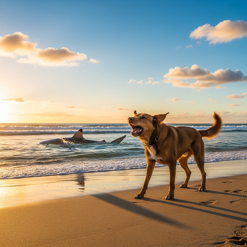 Dog at Beach Chasing Shark - Dramatic Sunset Scene Dog at Beach Chasing Shark - Dramatic Sunset Scene