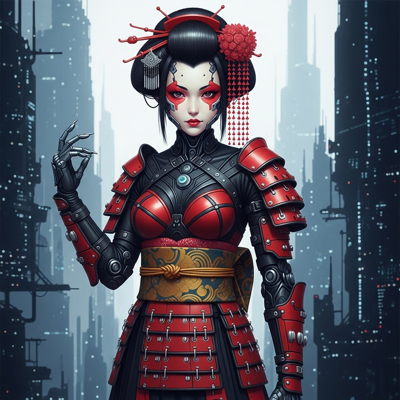 Geisha Cyborg Girl in Futuristic Leather Armor Inspired by 'Blame!' in High Contrast Red & Black Geisha Cyborg Girl in Futuristic Leather Armor Inspired by 'Blame!' in High Contrast Red & Black