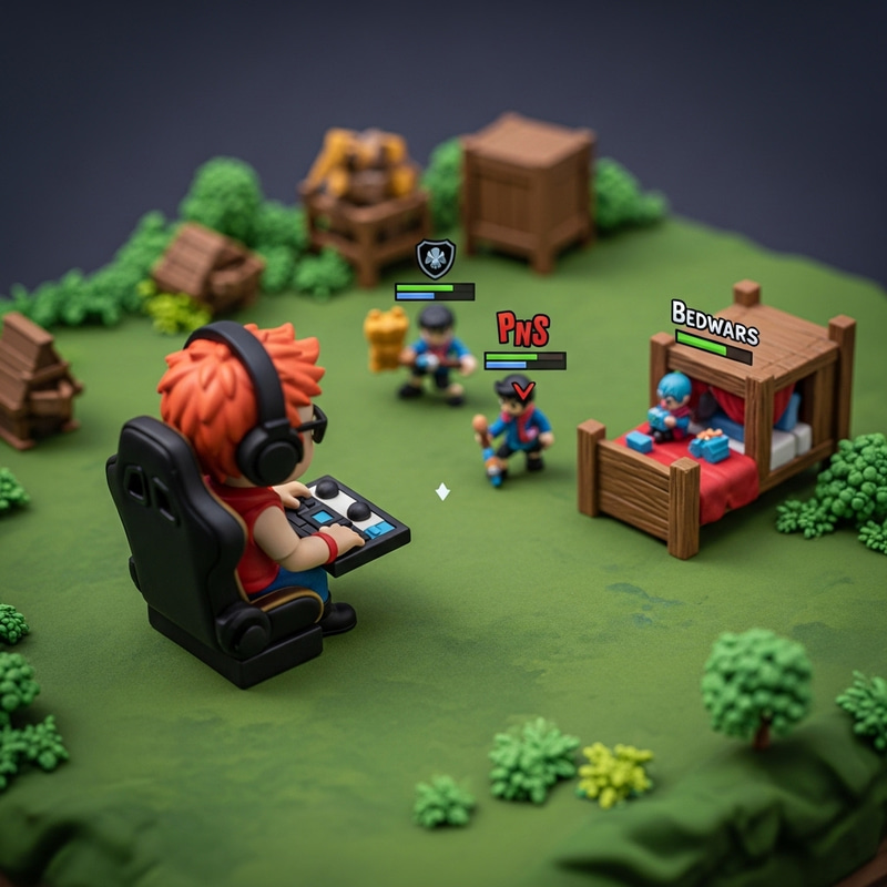 Miniature Unidentified Gamer Playing Bedwars - Red6708 Miniature Unidentified Gamer Playing Bedwars - Red6708