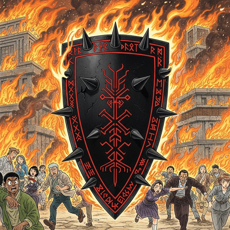 Black Shield on Fire - Chaotic Scene with Flaming Buildings