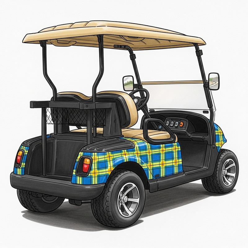 Hand-Drawn Plaid-Patterned 4 Passenger Golf Cart | Blue & Yellow Design Hand-Drawn Plaid-Patterned 4 Passenger Golf Cart | Blue & Yellow Design