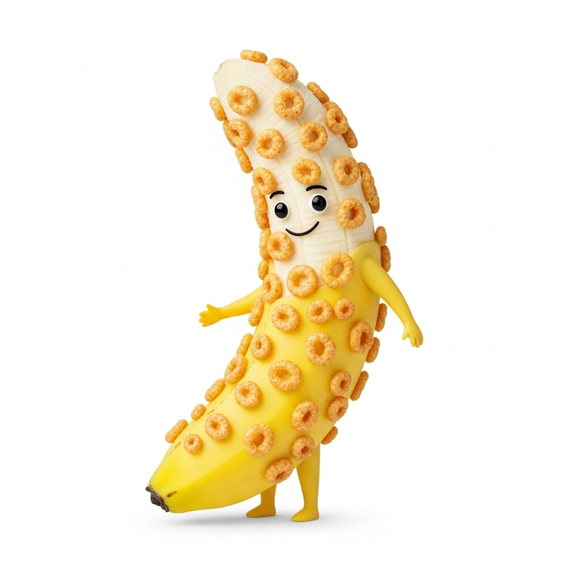 Funny Half Peeled Banana with Cereal Arms & Legs Funny Half Peeled Banana with Cereal Arms & Legs