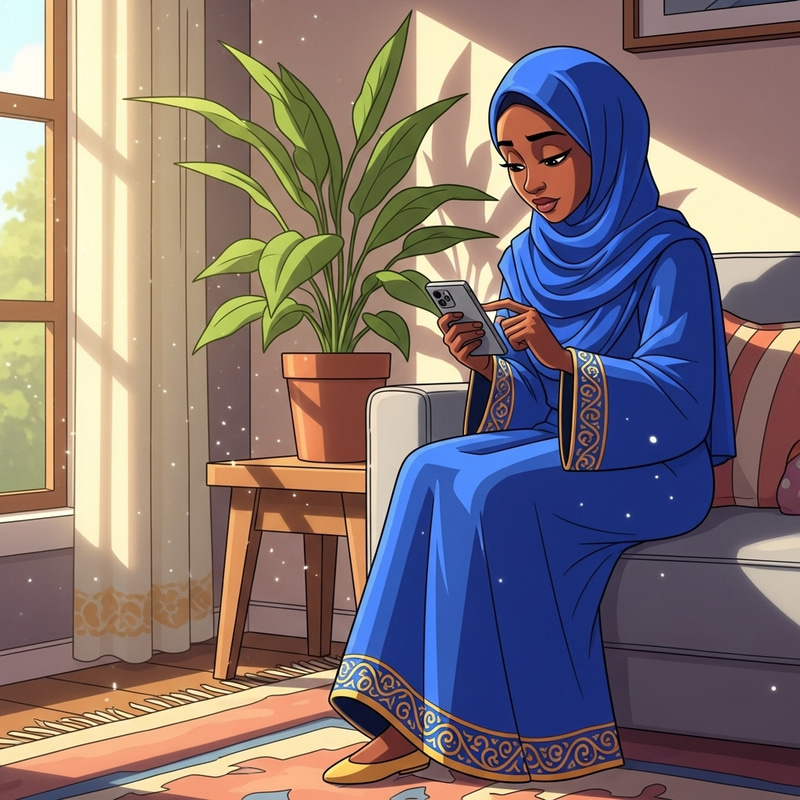 Black Lady in Blue Muslim Attire Using Phone: Animated Image Black Lady in Blue Muslim Attire Using Phone: Animated Image