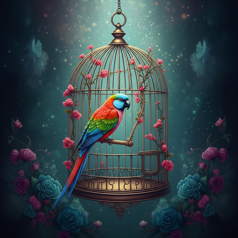 Surreal Fantasy Painting of Colorful Exotic Bird in Vintage Birdcage