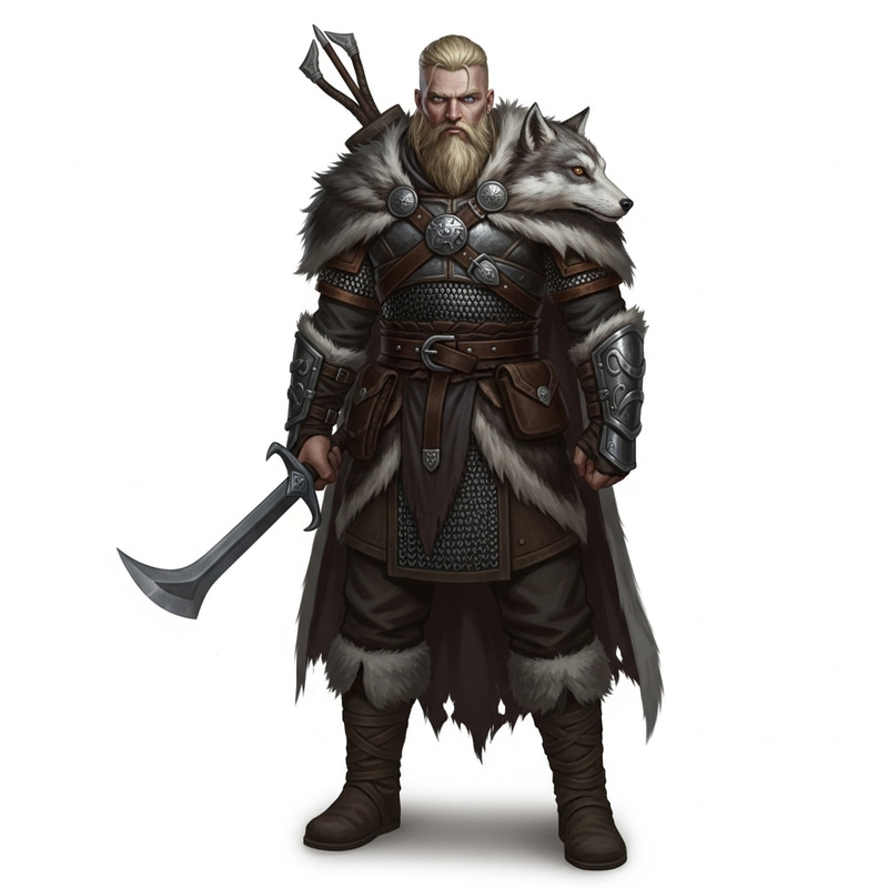 Bearded Viking Hunter in Wolf Hide Armor - Grimdark Dungeons & Dragons