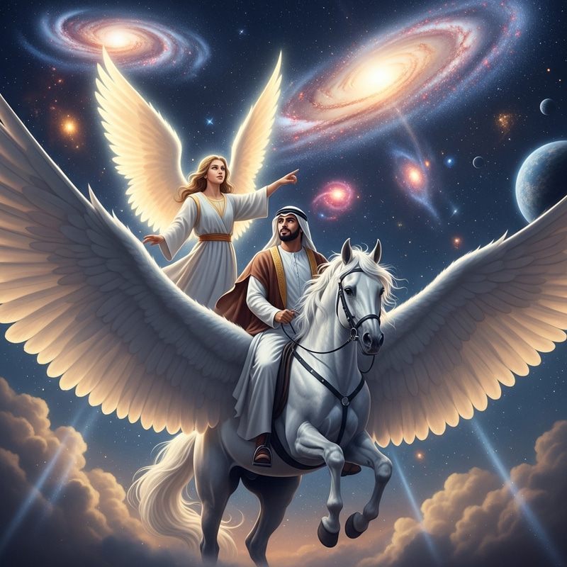Arabian Man and Angel Ascending on Grand Winged White Horse Arabian Man and Angel Ascending on Grand Winged White Horse