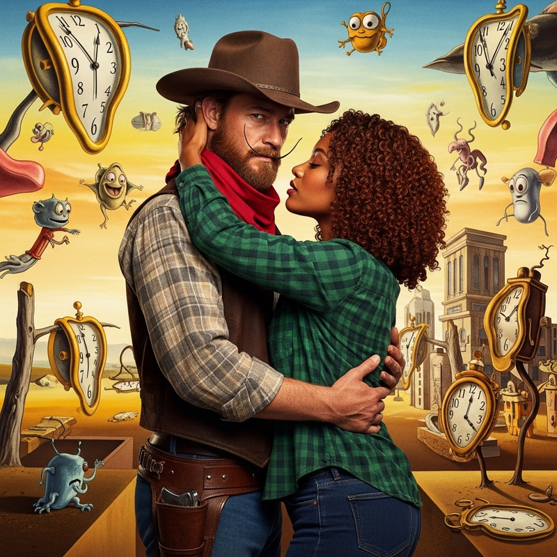 Passionate Western Romance in Vibrant Surreal Cityscape