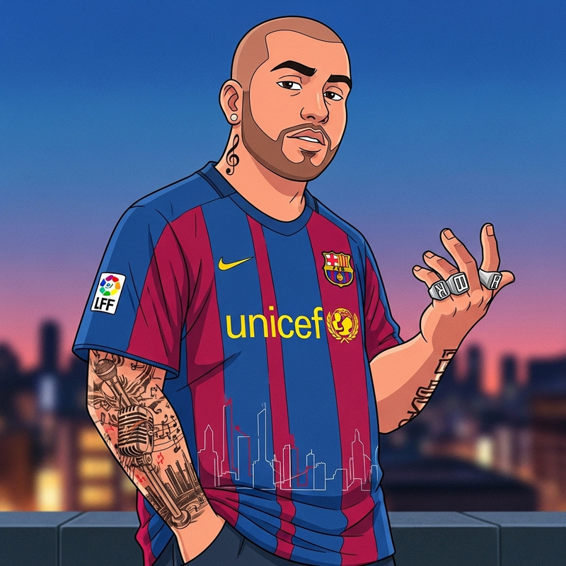 Hispanic Male Rapper with Barcelona Shirt & Tattoos | Pelon Rapero Style