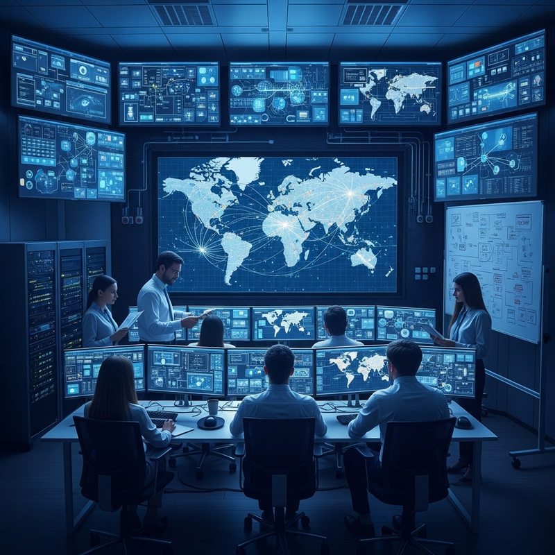 Futuristic Network Security Command Centre with Cybersecurity Experts Futuristic Network Security Command Centre with Cybersecurity Experts