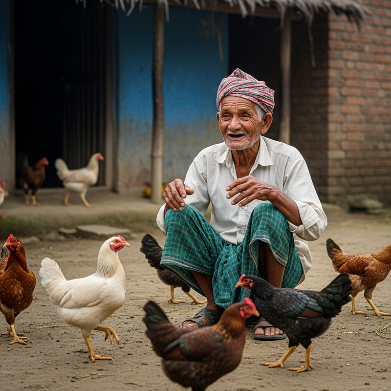 Elderly Man Happy at Village with Chickens | Cultural Heritage