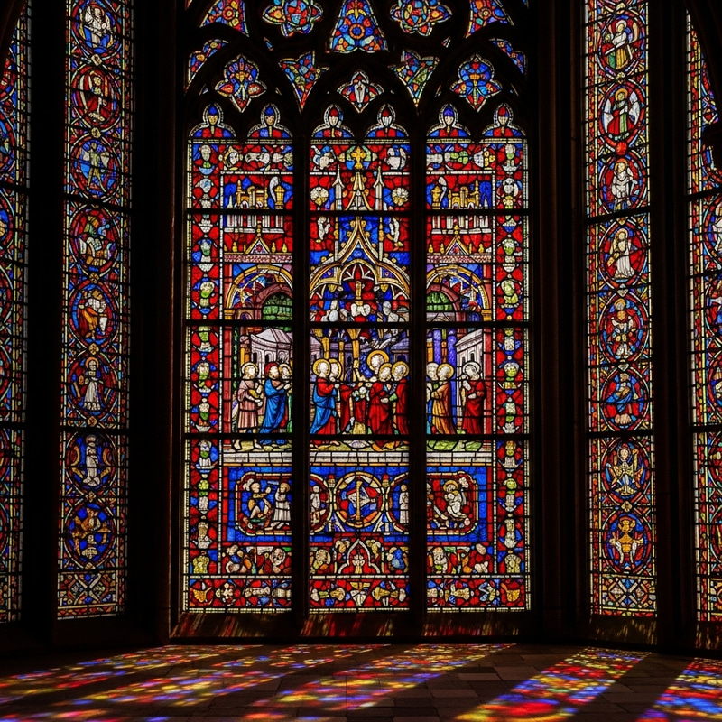 Medieval Stained Glass Window Scene | Religious Symbols & Figures Medieval Stained Glass Window Scene | Religious Symbols & Figures