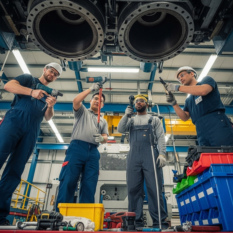 Diverse Team of Mechanics Performing Maintenance at Industrial Facility Diverse Team of Mechanics Performing Maintenance at Industrial Facility