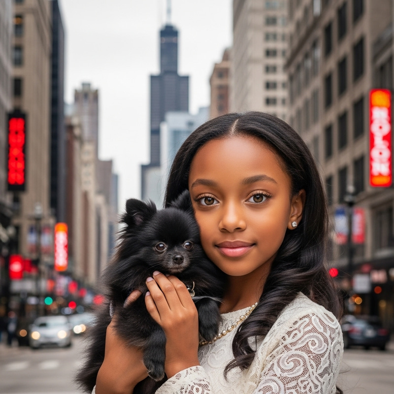 African American Little Girl with Black Pomeranian Dog in Chicago Cityscape African American Little Girl with Black Pomeranian Dog in Chicago Cityscape