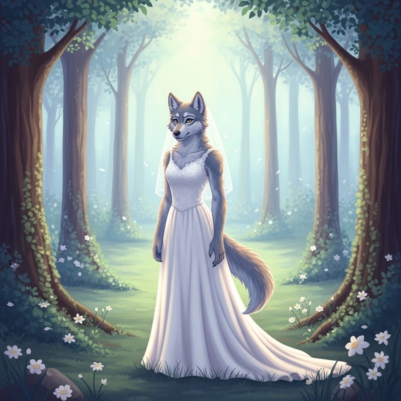 Ethereal Wolf Girl in White Wedding Gown - Serene Forest Portrait