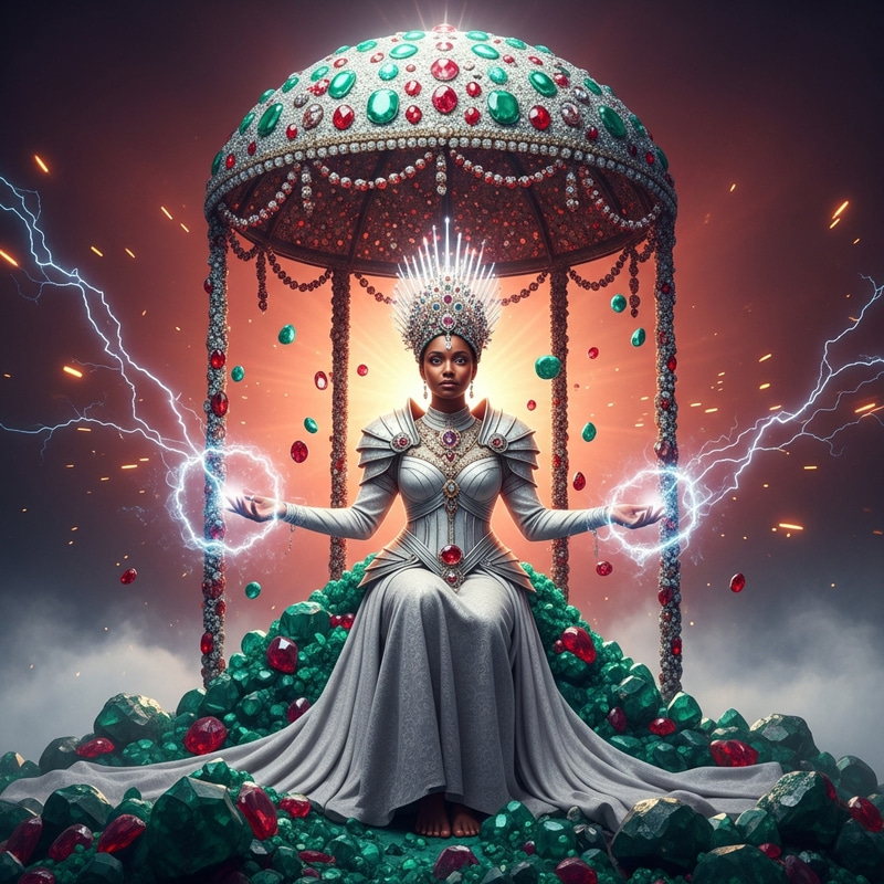 Majestic Black Woman Enthroned in Ruby and Emerald Splendor
