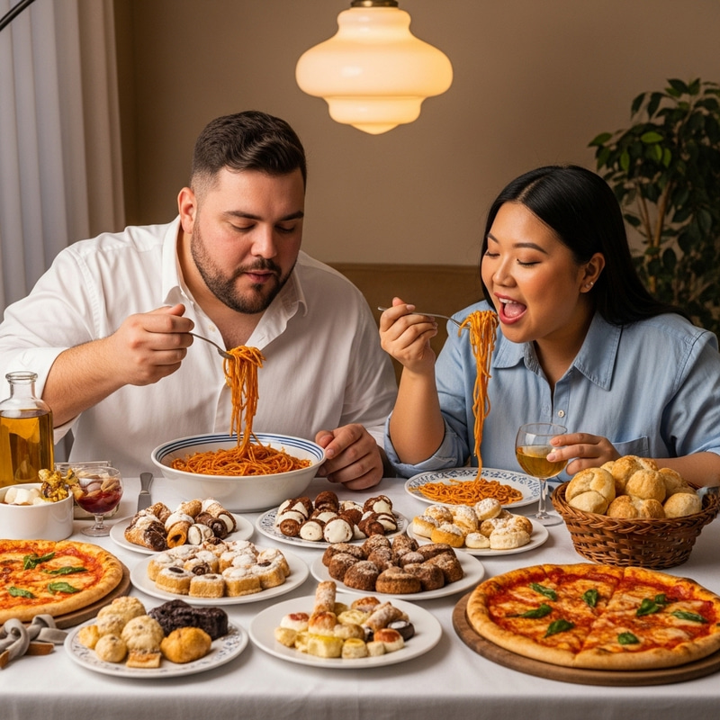 Italian and Asian Plus Size Couple Enjoying Feast Together Italian and Asian Plus Size Couple Enjoying Feast Together