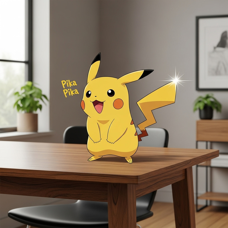 Cheerful Pikachu on Wooden Table Cheerful Pikachu on Wooden Table