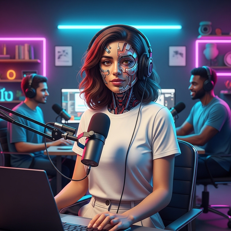 Futuristic Middle-Eastern Woman with Robotic Features Making a Podcast Futuristic Middle-Eastern Woman with Robotic Features Making a Podcast
