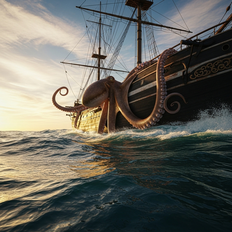 Realistic Octopus Ship Scene