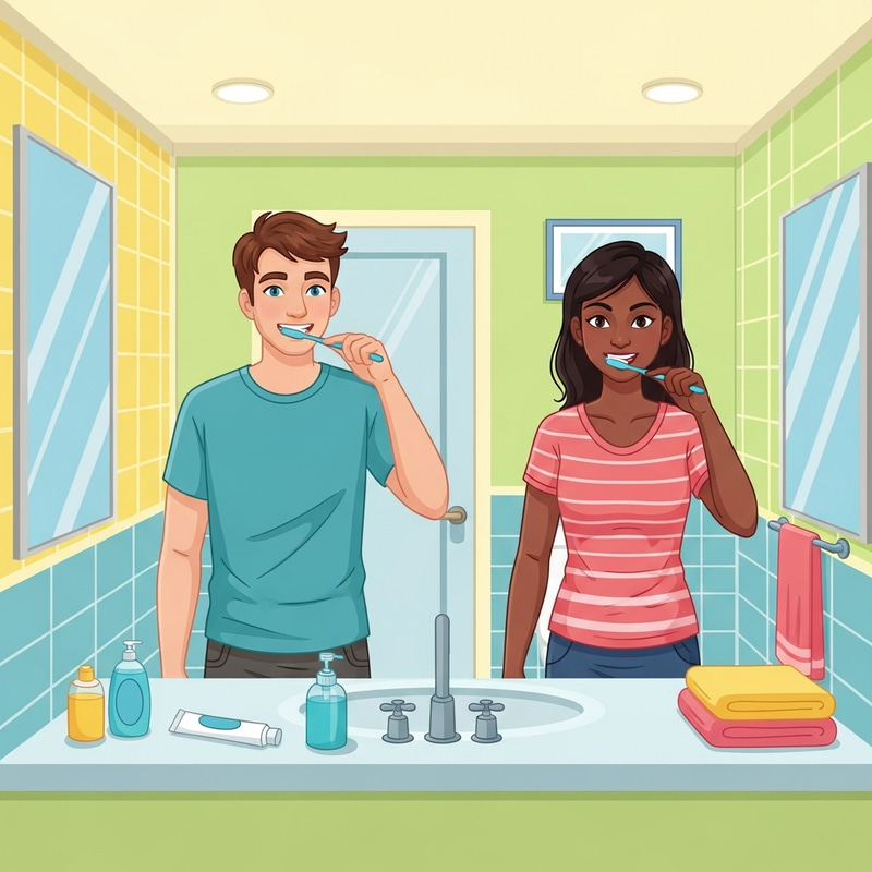 Vibrant Bathroom Toothbrushing Scene | Hygiene Routine Illustration Vibrant Bathroom Toothbrushing Scene | Hygiene Routine Illustration