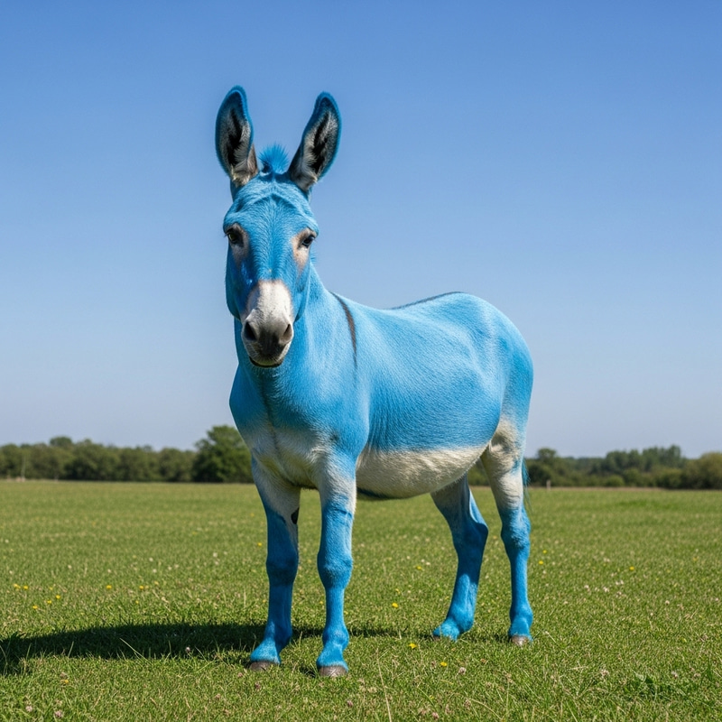 Blue Donkey in Vibrant Green Field | Majestic and Cheerful Blue Donkey in Vibrant Green Field | Majestic and Cheerful