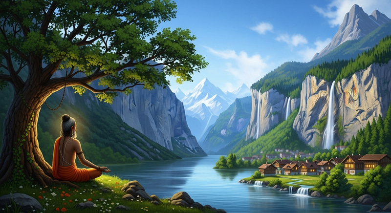 Serene Mountain Landscape: Waterfalls, Forests, and Meditating Sadhu