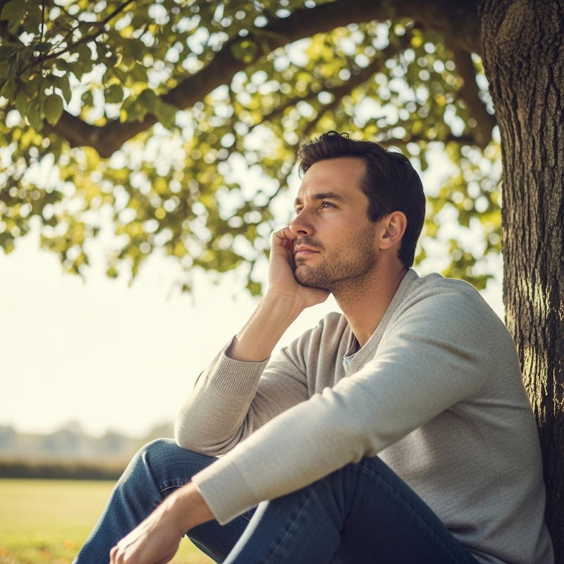 Thoughtful Man By Tree | Serenity & Contemplation Thoughtful Man By Tree | Serenity & Contemplation