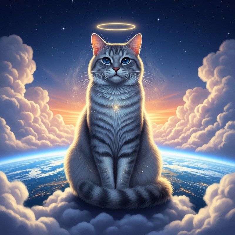 Serene Cat Overlooking Earth on Fluffy Clouds Serene Cat Overlooking Earth on Fluffy Clouds