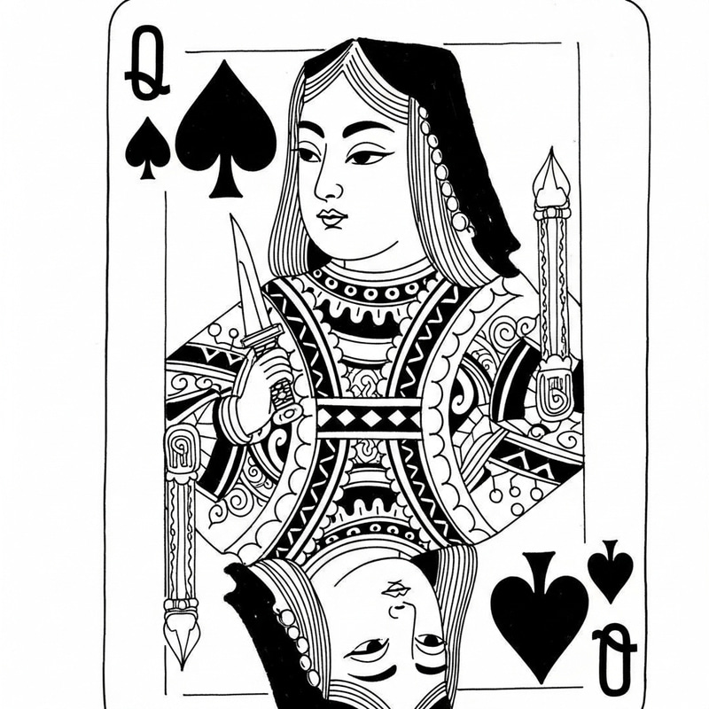 Black and White Ink Style Playing Card Queen Holding Dagger