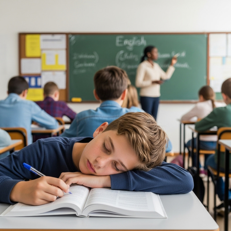 Peaceful Classroom Scene with Sleeping Light-Skinned Boy