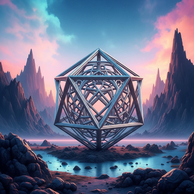 Surreal Mountain Landscape with Metal Sacred Geometry Surreal Mountain Landscape with Metal Sacred Geometry